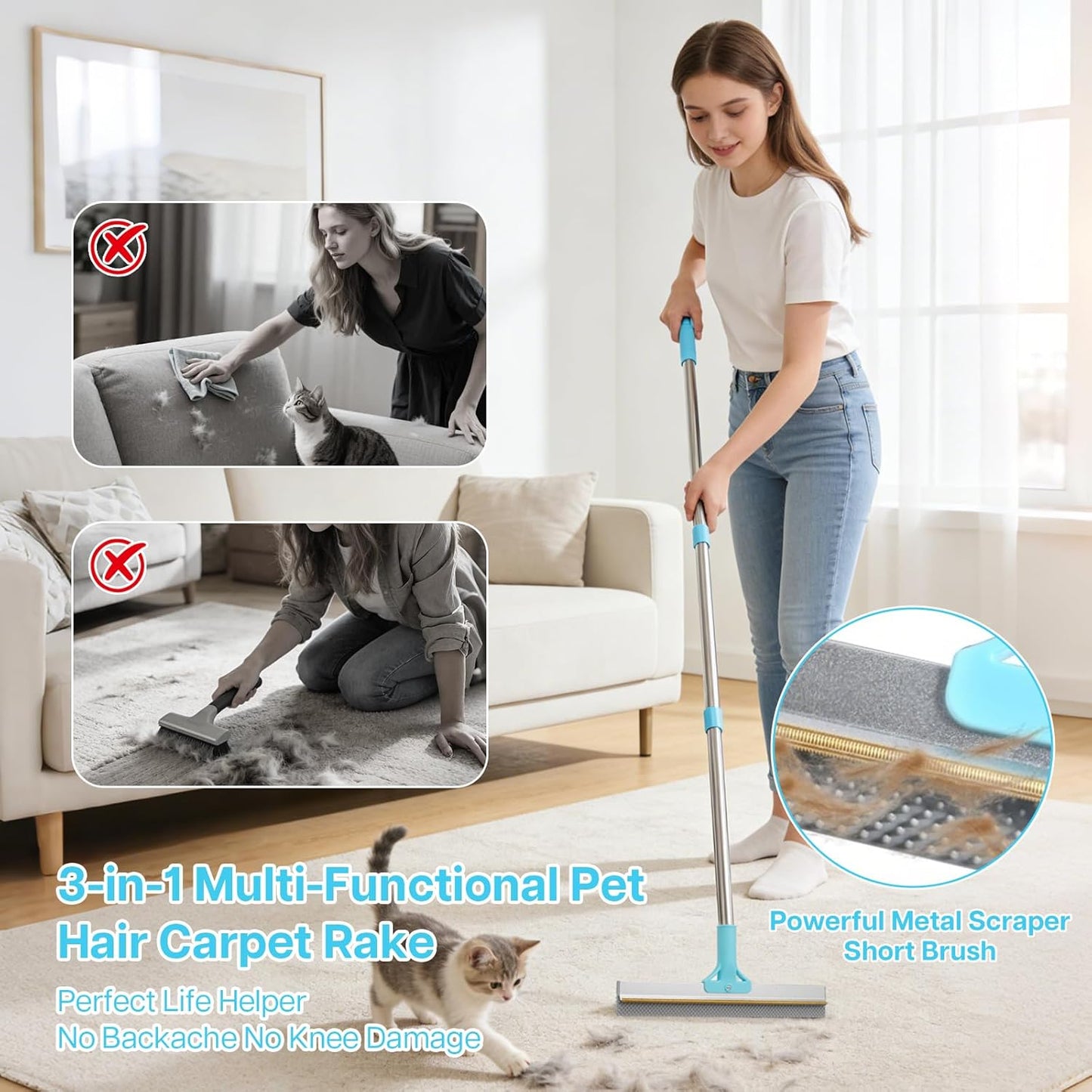 3PCS Carpet Rake for Pet Hair Removal, 54” Adjustable Long Handle, Dual-Sided Metal & Silicone Head,Reusable Pet Hair Remover Scraper Rake Carpet,Dog Hair Broom for Rugs,Mats,Couch and Furniture.