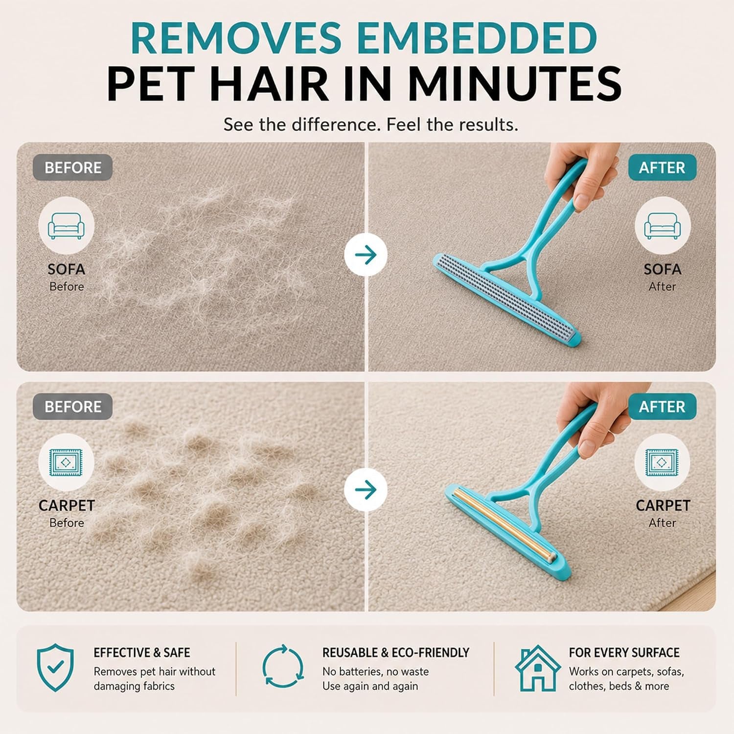 2 Pack Set Pet Hair Removal Tool – Dual-Head Copper & Plastic Scraper for Carpet, Furniture & Car, Reusable Lint Remover for Embedded Dog & Cat Hair